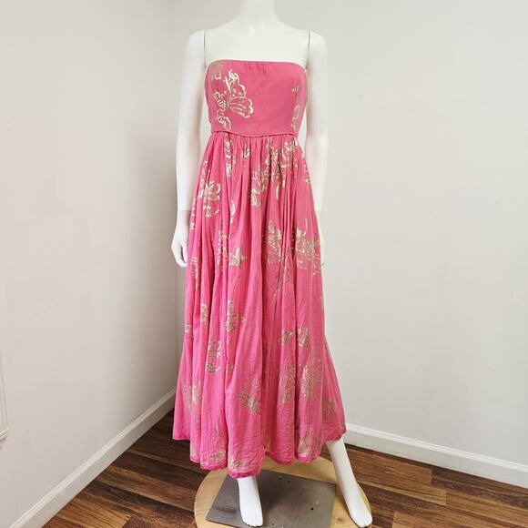 Free People Dress Small Baja Babe Midi Pink Metallic Floral Strapless Back Tie - Picture 1 of 16